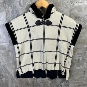 Tahari Black & white faux fur trim poncho‎ sweater with hood Kids Medium 7-8